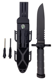 Humvee Adventure Gear Next Gen Survival Knife with combo edge, saw back, black handle, and sheath.
